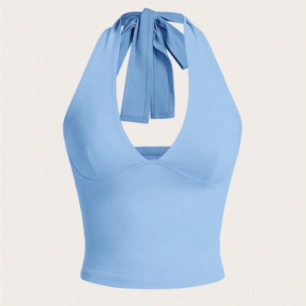 SHEIN EZwear Summer Solid Halter V-Neck Crop Tank Top, Summer Vacation
